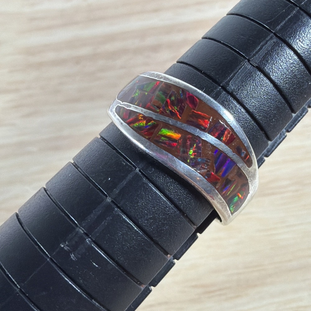 Vivid RED Black Flaming Fire Opal ring sterling silver 925 Size 8.5